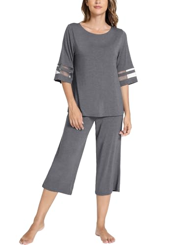 Image of GYS Bamboo Viscose Capri Pajamas for Women Set Cooling 3 /4 Sleeve Pjs