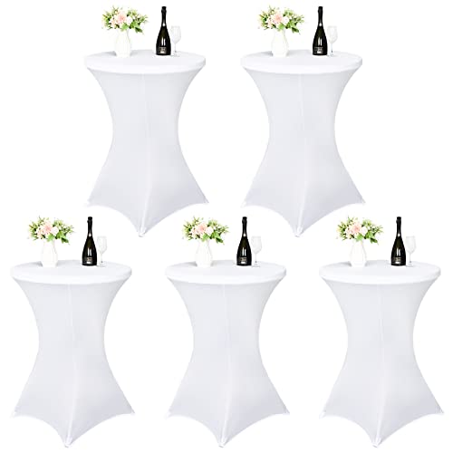 5 Pack Cocktail Spandex Stretch Square Corners Tablecloth 32 X 43 Inch, White Stretch Cocktail Table Cover Fitted High Top Tables, Cocktail Table Covers For Bar Wedding Birthday Banquet Party #TOP30