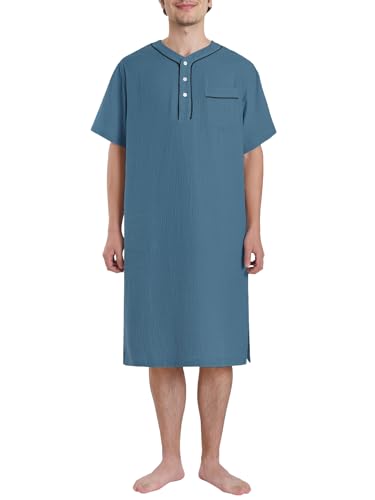 Latuza Men's Cotton Gauze Nightshirt Short Sleeve Nightgown Henley Sleep Shirt