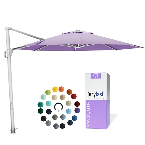 Lavender round cantilever umbrella on a white side pole