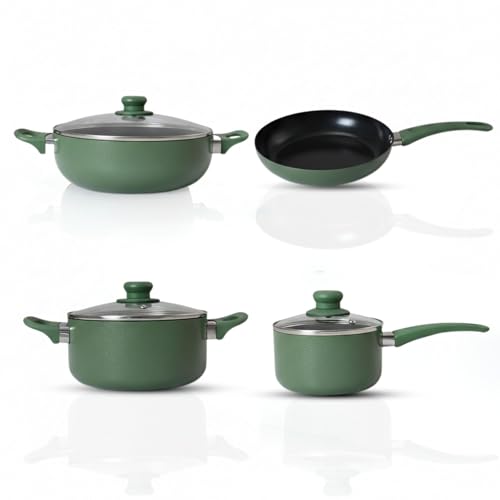 Image of Get Plumm Non-Stick Ceramic Cookware Set | Cooking Pot, Kadhai, Fry Pan & Sauce Pan | 20-20-20-16cm | Induction & Gas Compatible | Emerald Green