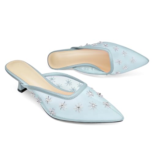 Image of Women Kitten Heel Mules Crystal Flower Decor Mesh Pointed Toe Low Heel Casual Pumps