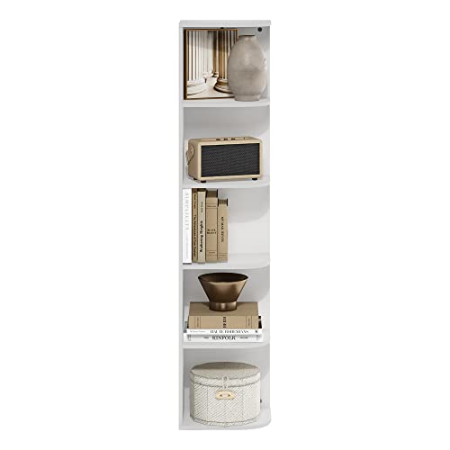 Image of Furinno PASIR Book Shelf, 5-Tier Corner Bookshelf with Open Shelf, Standing Bookcase, 9.3 x 12 x 51.7, for Organization and Storage, for Living Room, Bedroom, Home Office, White