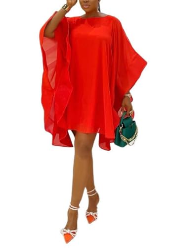 Image of Women Formal Batwing Sleeve Mini Dress Casual Loose Fit Cold Shoulder Ruffle Hem Summer Dresses Red