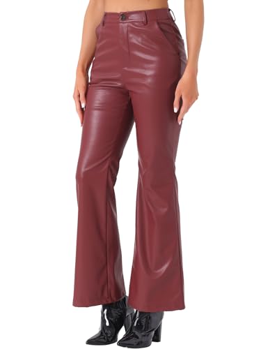 Allegra K Faux Leather Casual Pant for Women's High Waist Bell Bottom Flared Long PU Trouser