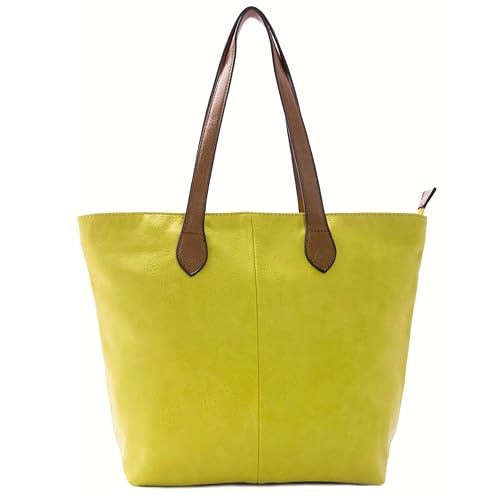 Image of Mabel Womens Lightweight Plain Handbag - Soft 100% Vegan PU Leather Tote Shoulder Bag - Brook (Lemon Yellow)