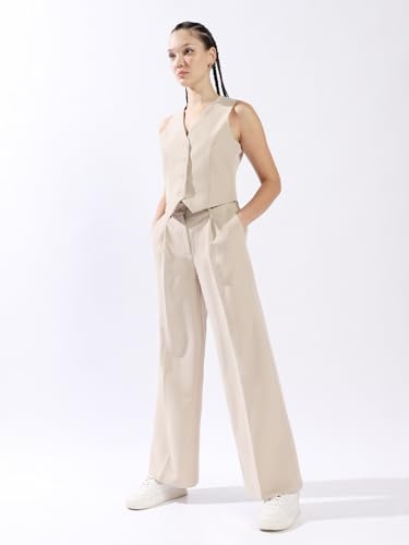Image of High Star Women Solid Regular length Tailored Fit V neck Sleeveless Waistcoat and Wide leg Trouser Co-ord Set