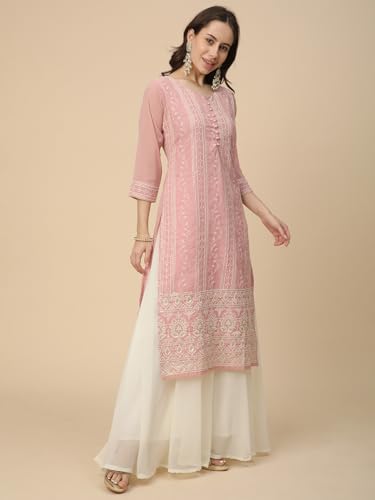 Image of RATAN Women's Georgette Anarkali Lucknowi Chikankari Ethnic Wear Kurta