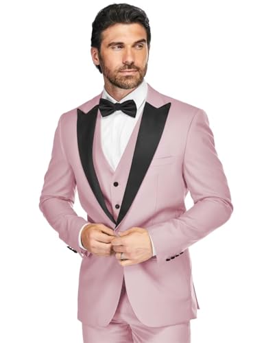 HUUTOE Men's 3 Piece Suits Slim Fit Tuxedo One Button Tux Blazer Wedding Prom Party Dinner Business Formal Suit with Bow Tie