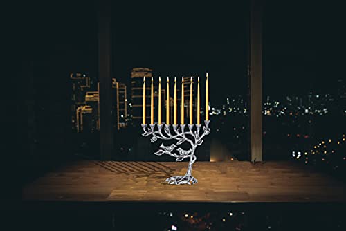 Ner Mitzvah Tree of Life Menora for Chanuka - Fits All Standard Chanukah Candles - Artistic Candle Menorahs - Silver Hanukkah Menorah - 7.5" High