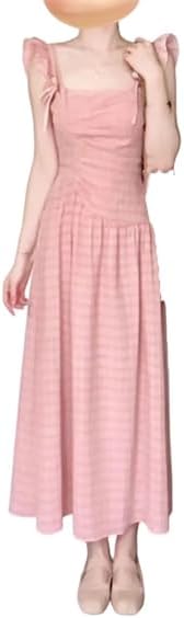 Women Square Collar Suspender Dress Solid Color A-Line Dresses Women Long Thin Casual Pullover