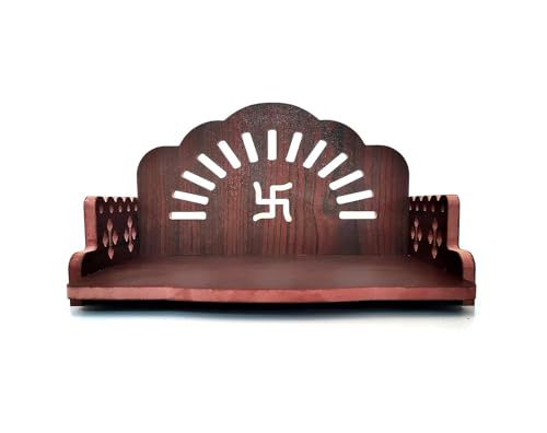 Image of Wooden Pooja Mandir for Home & Office - Mini Pooja Stand for Wall Hanging | Small Wood Temple for Desk & Shelf | Compact Devghar for Home Wall Mounted & Tabletop (8.5 x 6 x 5.5 Inch, Brown)