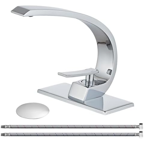 Wovier Chrome Bathroom Sink Faucet with Cover Plate and Pop Up Drain Assembly,Unique Design Single Handle Single Hole Brass Lavatory Vanity Faucet,Basin Mixer Taps with Supply Hose Cover