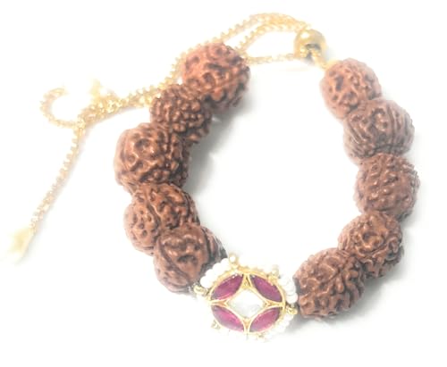 Image of Rakhi loomba Rudraksha Beads Bracelet with Pearl-Studded Red Pachi Kundan Charm, Gold plated Chain and Pearl Drops