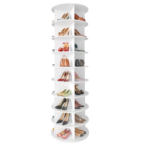 SpaceAid 9 Tier Rotating Shoe Rack Tower, Spinning Shoe Display Lazy Susan, Revolving 360 Shoe Rack Storage Round Carousel, Vertical Handbag Rotate Shoes Closet Organization (9-Tier White)
