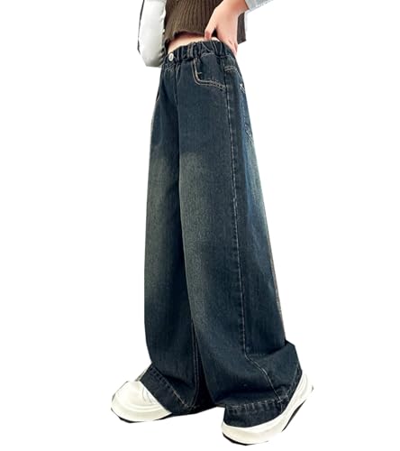 Girls Baggy Wide Leg Jeans Elastic Waist Casual Washed Denim Pants for 3-14 Years