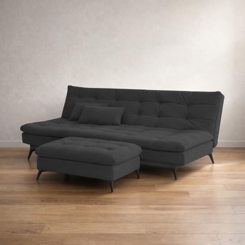 Image of Krancy Solid Wood 3 Seater Sofa Cum Bed with Ottomon | Convertible Wooden Couch for Living Room, Home & Office | Modern Designer Furniture | 1 Year Warranty | Black Color