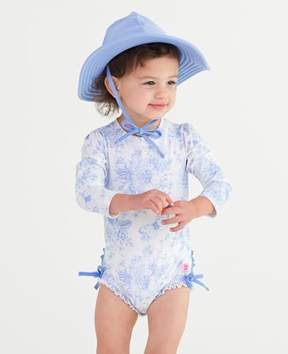 Image of RuffleButts Baby Girls UPF 50+ Sun Protection Floral Printed Long Sleeve One Piece Rash Guard Swimsuit with Zipper