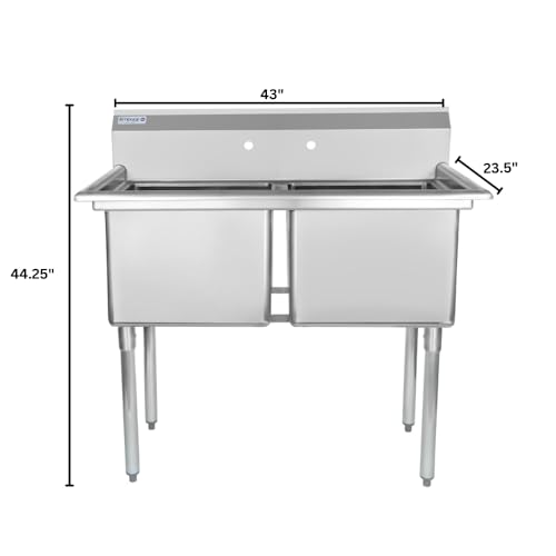 Image of Empura 43 inch Wide Stainless Steel Two Compartment Commercial Sink | Prep Utility 18 x 18 Bowl for Restaurant Laundry Garage | 3.5 inch Drain Basket, 9.75 inch Backsplash, 43 inchW x 23.5 inchD x 44.25 inchH, 18 Gauge, NSF