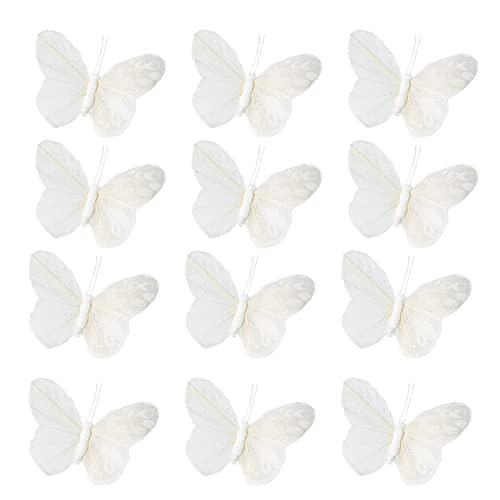 YCHTEWY Feather Butterfly Decoration on Picks, Floral Supplies, Set of 12 Pieces, with Wire, White Butterflies - Image 3