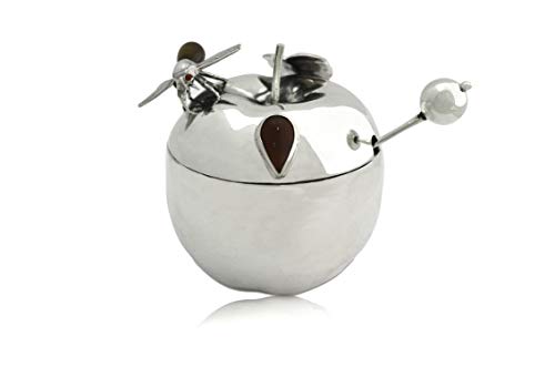 Exquisite Large Sterling Silver Honey Dish with Hebrew Blessing, Carnelian & Tiger Eye Bee Apple Design by Avi Nadav - Image 8