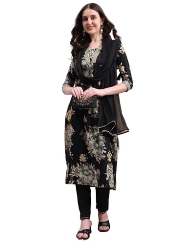 Image of Berrylicious Womens Embroidered & Floral Printed Rayon A-line Kurta with Pant & Dupatta | V-Neck | 3 /4 Sleeve | Ethnic Wear Set for Festive, Casual & Semi-Formal Occasions