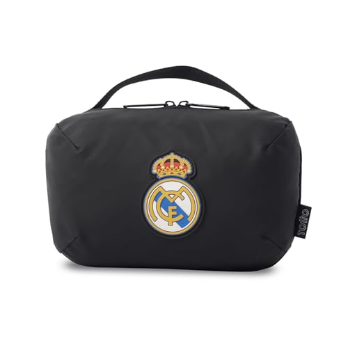 TOTTO   Organizador de Viaje Oficial del Real Madrid, 13 x 22 x 11 cm, Neceser de Gran Capacidad, con Fuelle Organizador de 3 Compartimentos y Gancho para Colgar, Fácil de Limpiar, Color Negro