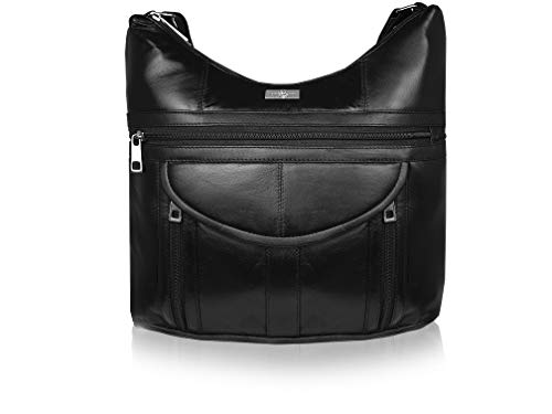 Quenchy London QL176M - Bolso de mano grande para mujer de piel de oveja auténtica suave, con 7 bolsillos, 30 x 33 x 9 cm, Piel de vaca granulada, Large to X-Large