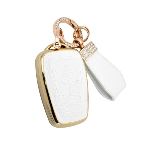 Image of keyzone litchi leather textured TPU key cover & keychain for Tata Nexon, Harrier, Safari, Altroz, Punch, Tigor smart key (White)