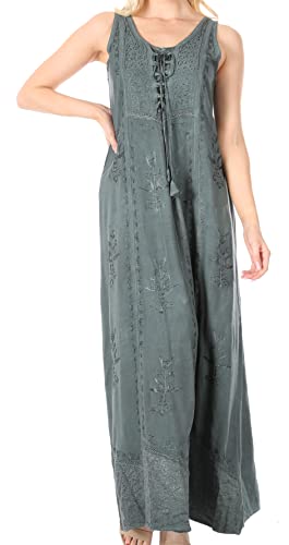 Image of Sakkas Stella Long Tank Top Adjustable Caftan Corset Dress with Embroidery