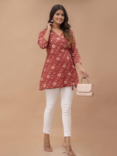 Image of feranoid Floral Print Angrakha 3 Sleeves Flared Kurti