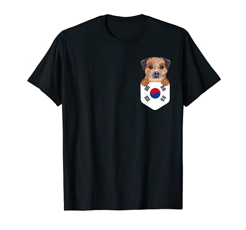 South Korea Flag Border Terrier Dog In Pocket T-Shirt, Black