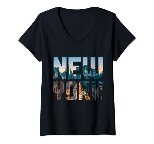 Mujer Nueva York City NYC Qeens Manhattan Brooklyn NY Skyline Camiseta Cuello V
