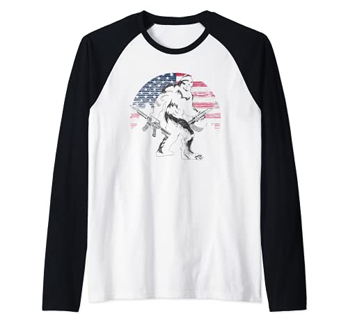 USA Flag Sasquatch Gun 2nd Amendment Conspiracy Bigfoot Raglan Baseball Tee, Black