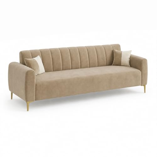 Image of Habibi Rich Velvet Suede 3 Seater Sofa Set | Spacious Soft Touch Comfort Seating | Modern Sofa for Living Room (Beige)