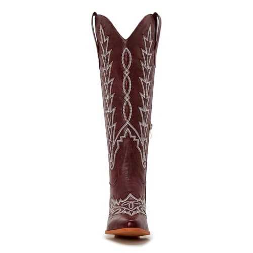 Image of Uillnoodu Wide Calf Cowboy Boots Women Knee High Tall Western Cowgirl Boots Adjustable Lace Up Plus Size Comfortable 2-Inch Heel