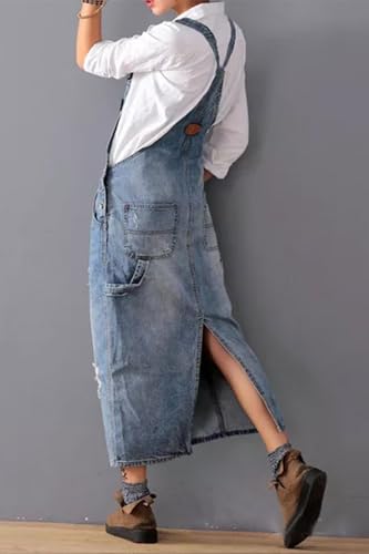 Yoeasy Women's Distressed Denim Overall Dress - Adjustable Strap Pinafore A-Line Mid Long Jean Bib4