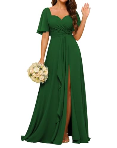 ORRCIGH WPX098 - Vestidos de dama de honor de gasa con cuello en V para mujer, mangas con vuelo, plisado, acampanado, largo, formal, vestido de noche, Verde esmeralda., 46