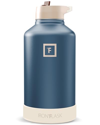 Image of IRON FLASK Camping & Hiking Hydration Flask with Straw, Wide Mouth Insulated Stainless Steel Sports Water Bottle - Desert Oasis 64 oz - Straw (1 Lid)