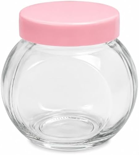 Round Glass Malaysian Spice Jar 165ml with Pink Lid, Clear Storage Container, Spherical Shape (12)