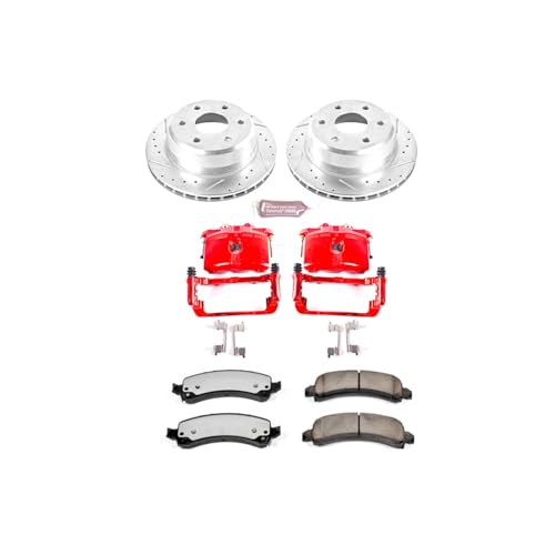 Image of PowerStop Rear Brake & Caliper Kit for Cadillac Escalade 2003-06 |Chevrolet Avalanche 1500 2003-06 - Drilled & Slotted Disc Rotors + Z36 Brake Pads + Red-Powder Coated Calipers, KC2047-36