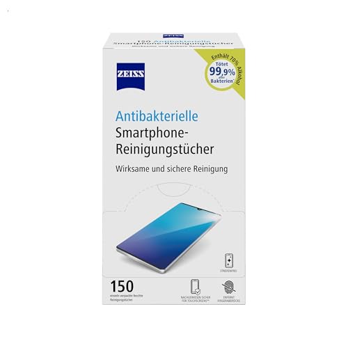 ZEISS antibakterielle Smartphone-Reinigungstücher 150 Stück - schnell trocknende Rezeptur - entfernt Bakterien Fingerabdrücke Schmutz Staub & Fett - jedes Tuch einzeln verpackt
