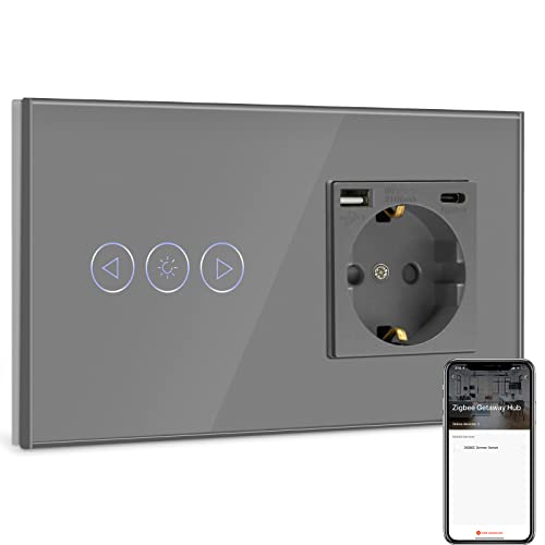 BSEED BSEED Wall Socket, Normal, Smart ZigBee Dimmer Light Switch, Compatible with Alexa, Google Home, 1 Gang 1-Way Light Switch with Dual USB Socket (max. 2.1A) Type C Port Grey (Tuya