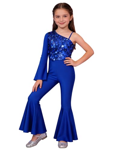 Mono de lentejuelas azul real cómodo con manga larga y pantalón acampanado