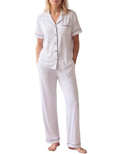 Image of HNG Women Pajamas Set 2 Piece Button Up Pajamas Pant and Short Sleeve Shirt for Woman Pj Sets with Pocket