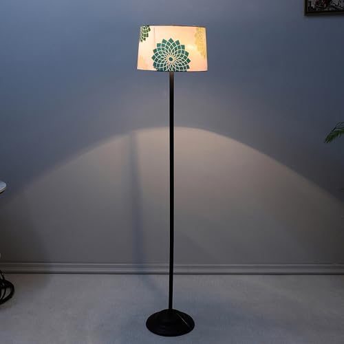 Image of tu casa Black Metal-Iron Base Foldable Floor Lamps with Dahlia Floral Print & Satin Shade for Bedroom, Living Room, Lounge, Office Area, Gifting Without Bulb for Home Decoration (Height - 53 inch)