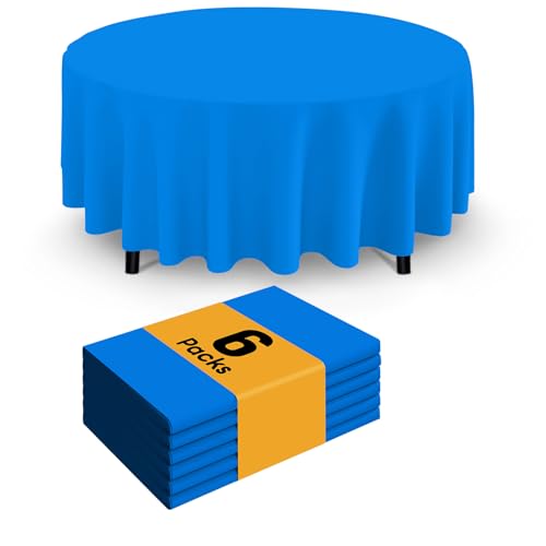 Image of Smiry Disposable Table Cloth - 6 Pack, 84 Inch Round Waterproof Tablecloths for Parties, Decorative Plastic Table Cover, Leakproof & Sturdy, Blue