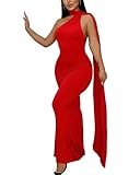 Sexy Elegant Evening Gown for Women Long Backless Formal Ball Gown Dress for Parties One Shoulder Maxi Cocktail Galas (US, Alpha, Small, Regular, Regular, Red)