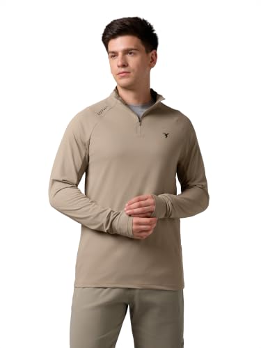 Image of TECHNOSPORT Men's Solid Quarter Zip Gym Slim Fit Active Sports T-Shirt with COTFLEX Full Sleeve Cotton Feel Polyester 4-Way Stretch Memory Fabric Lightweight Workout Running Training