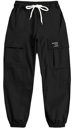 Image of Girls Cargo Pants Drawstring Elastic Waist Loose Tapered Jogger Pants with Pockets, Black, 14-16 Years = Tag 180